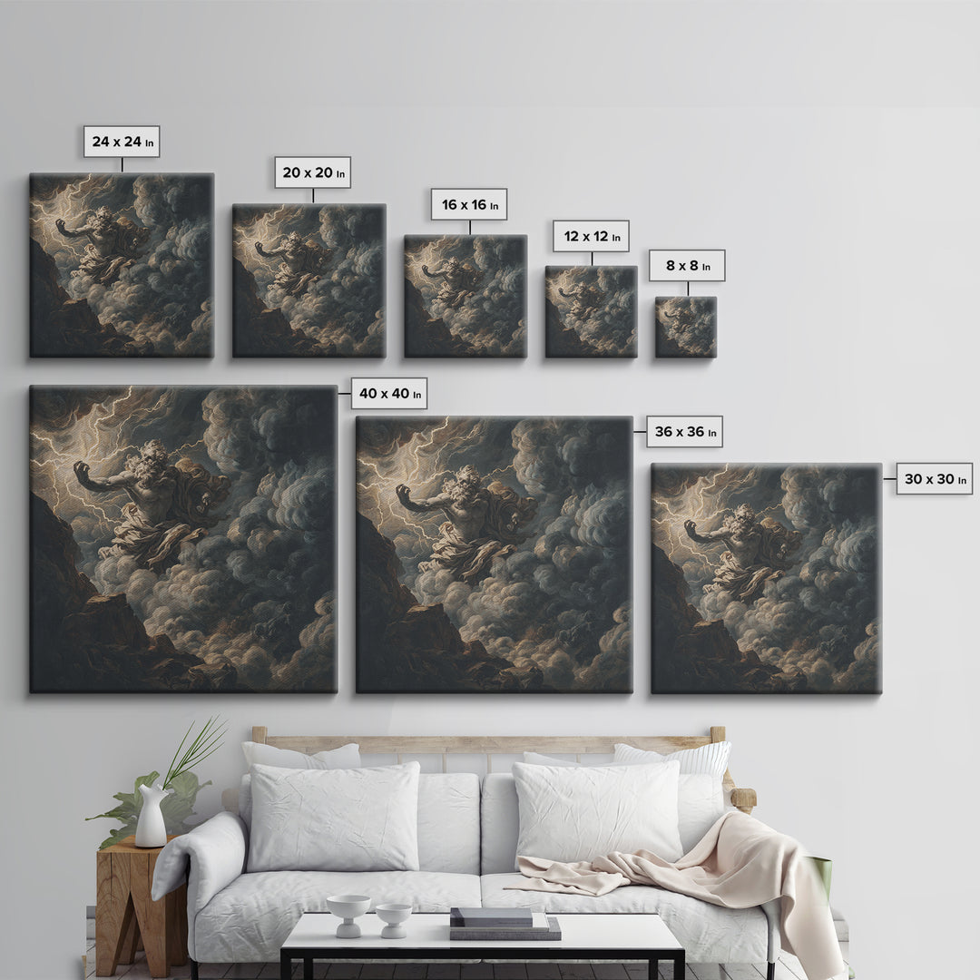 Zeus Summoning Lightning In Storm Clouds Framed Canvas Print, Mythological Art, Baroque Wall Art, Moody Dark Academia Decor