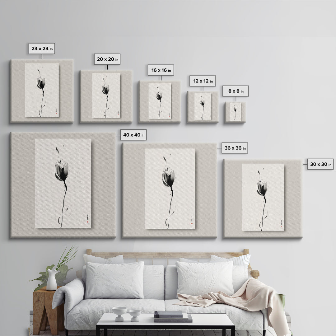 Minimalist Lotus Flower Ink Wall Art Print, Japanese Zen Floral Painting For Bedroom Decor And Modern Neutral Home