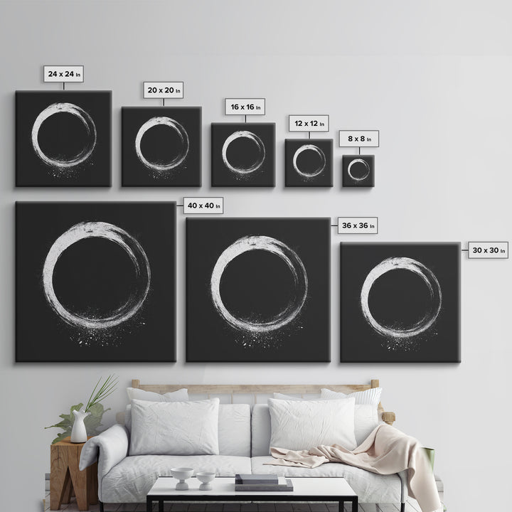 Minimal Enso Circle Zen Wall Art, Black And White Brushstroke Framed Canvas Print, Japanese Meditation Decor