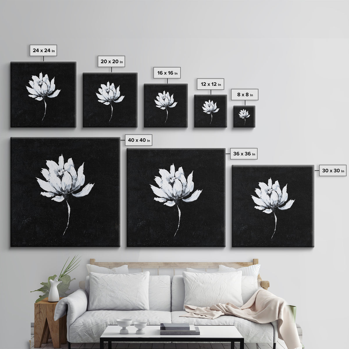 Black And White Lotus Flower Minimalist Wall Art, Textured Floral Painting, Modern Neutral Framed Canvas Print