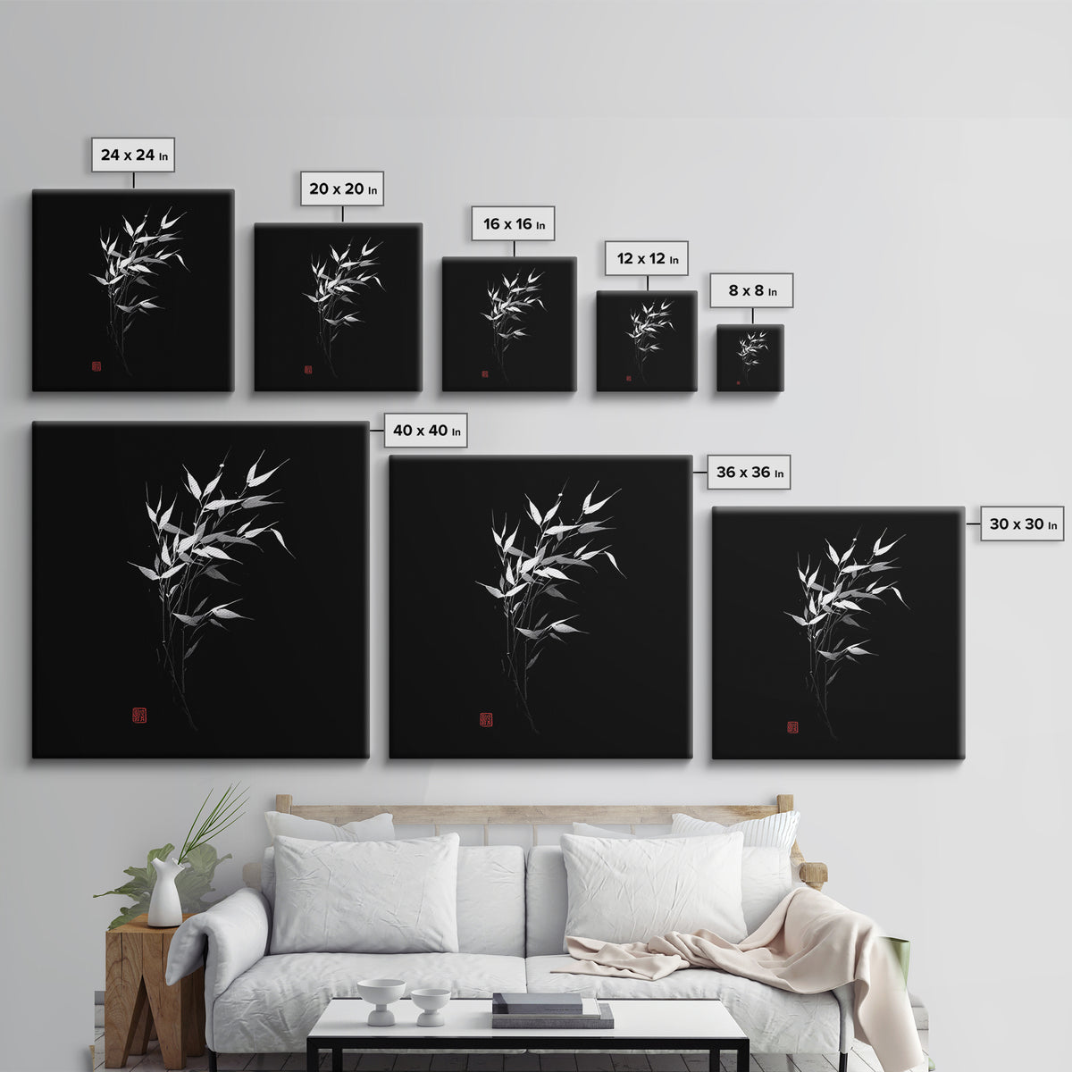 Minimalist Bamboo Leaves Black And White Japanese Wall Art Zen Nature Painting Modern Decor Living Room Wall Art Framed Canvas