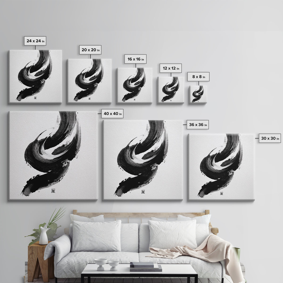 Minimalist Black And White Ink Brush Wall Art, Modern Japanese Calligraphy Style Framed Canvas Print For Neutral Decor