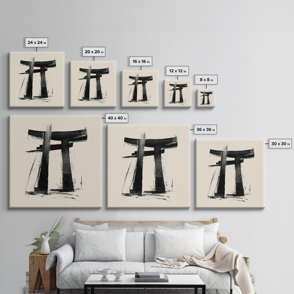 Minimalist Japanese Torii Gate Ink Painting Wall Art, Black And White Zen Decor Framed Canvas Print