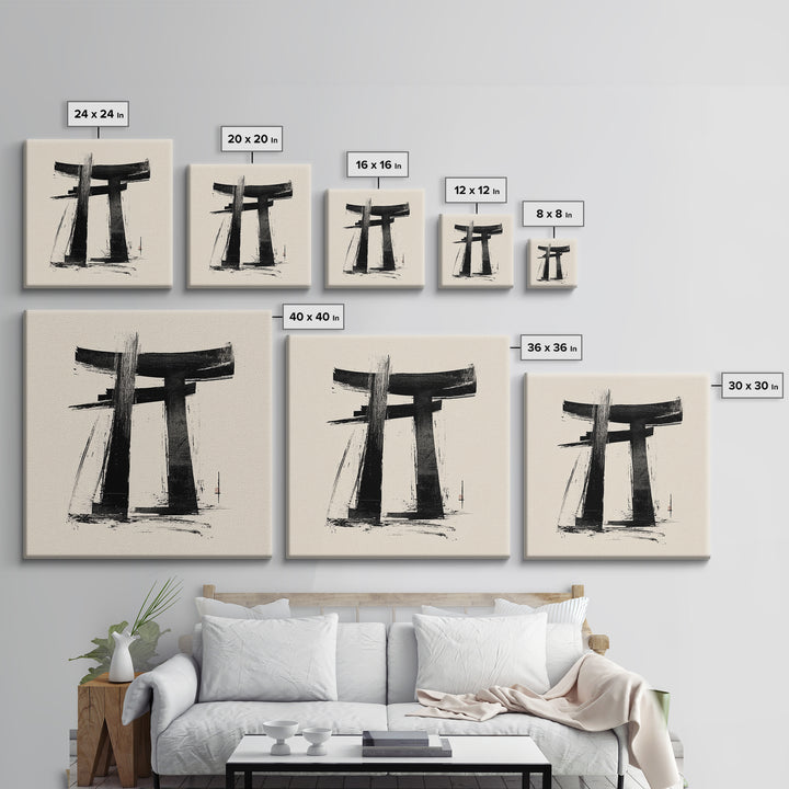 Minimalist Japanese Torii Gate Ink Painting Wall Art, Black And White Zen Decor Framed Canvas Print