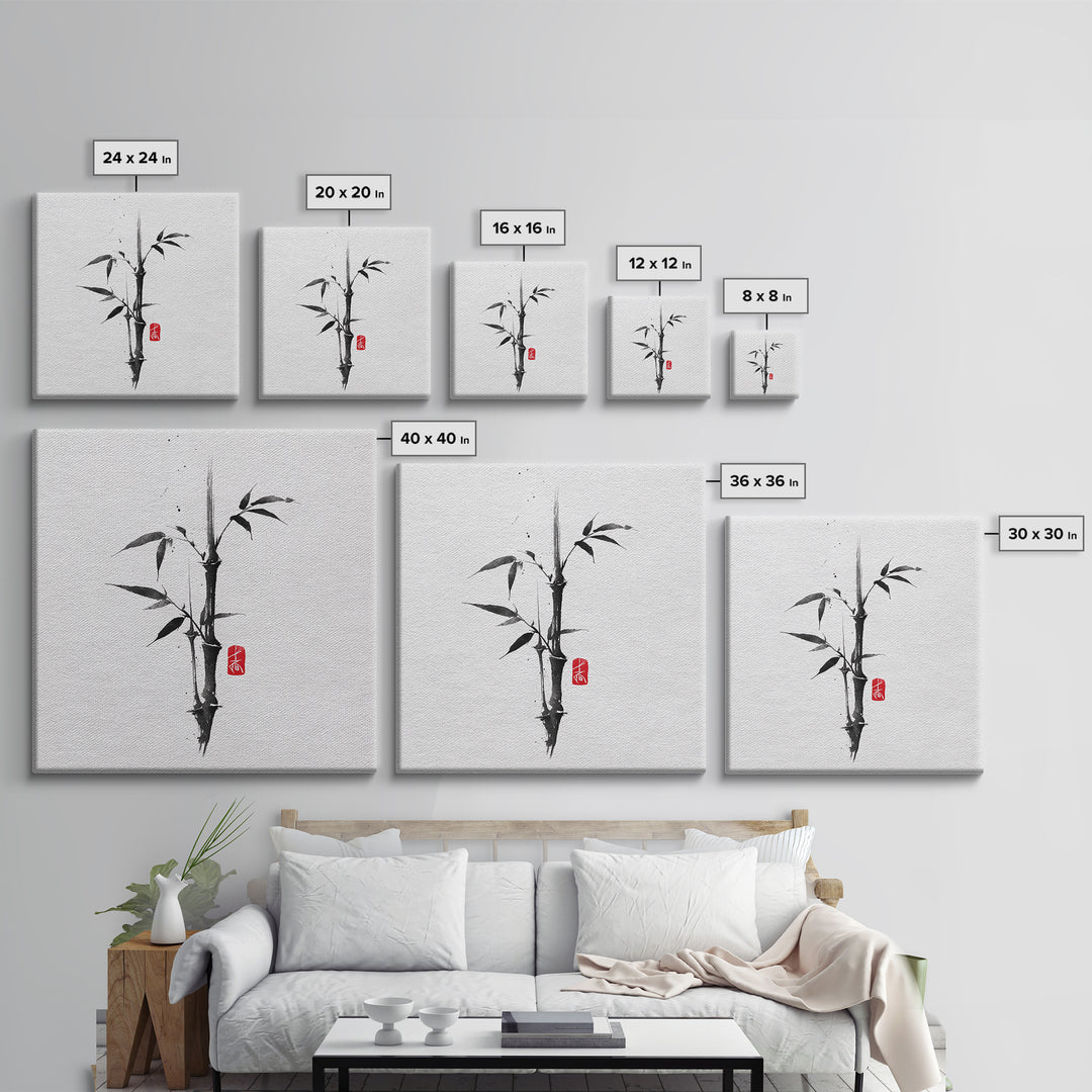Minimalist Ink Bamboo Brush Painting Wall Art, Japanese Zen Calligraphy Framed Canvas Print For Calm Modern Decor