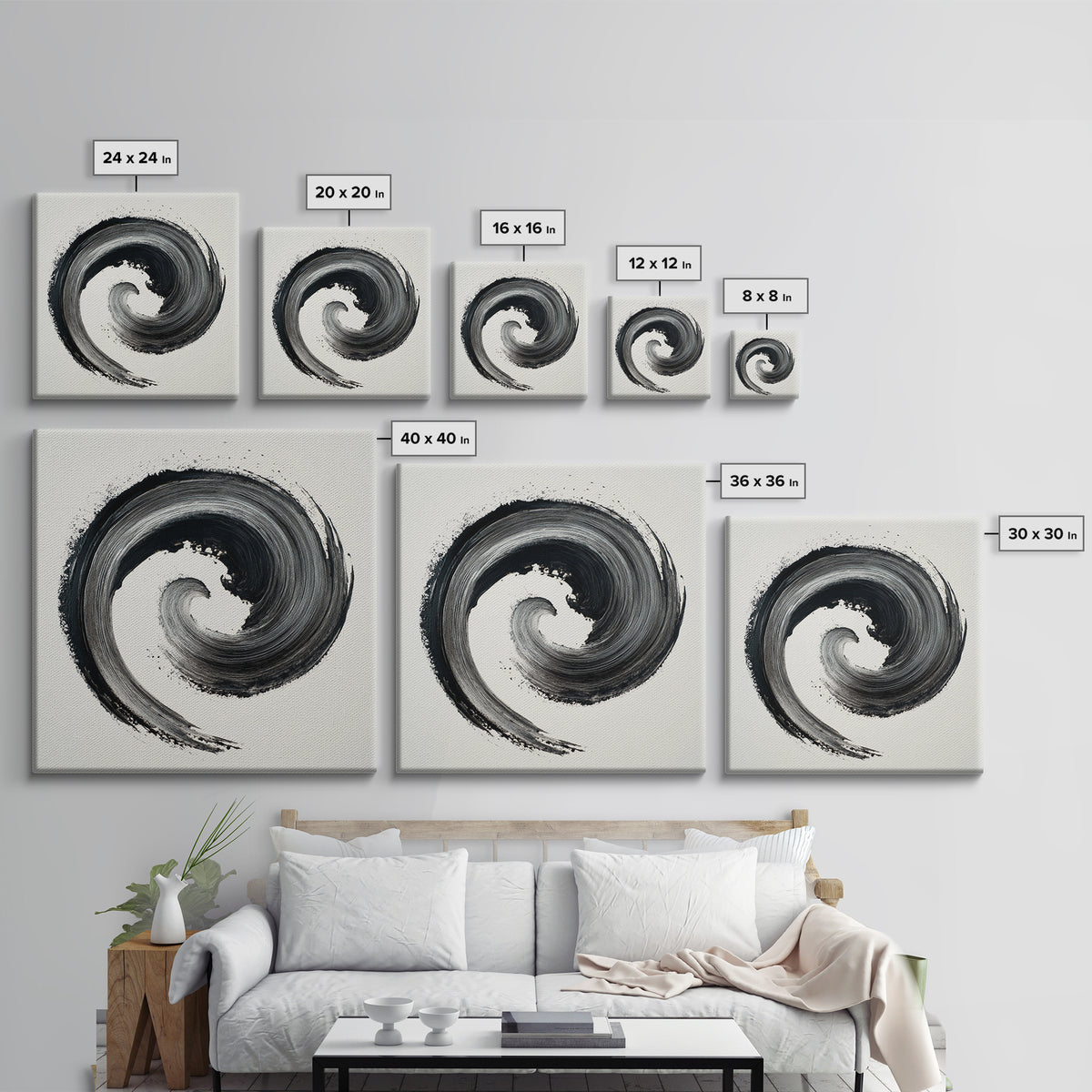 Black And White Abstract Spiral Brushstroke Wall Art, Minimalist Modern Canvas Print For Contemporary Home Decor