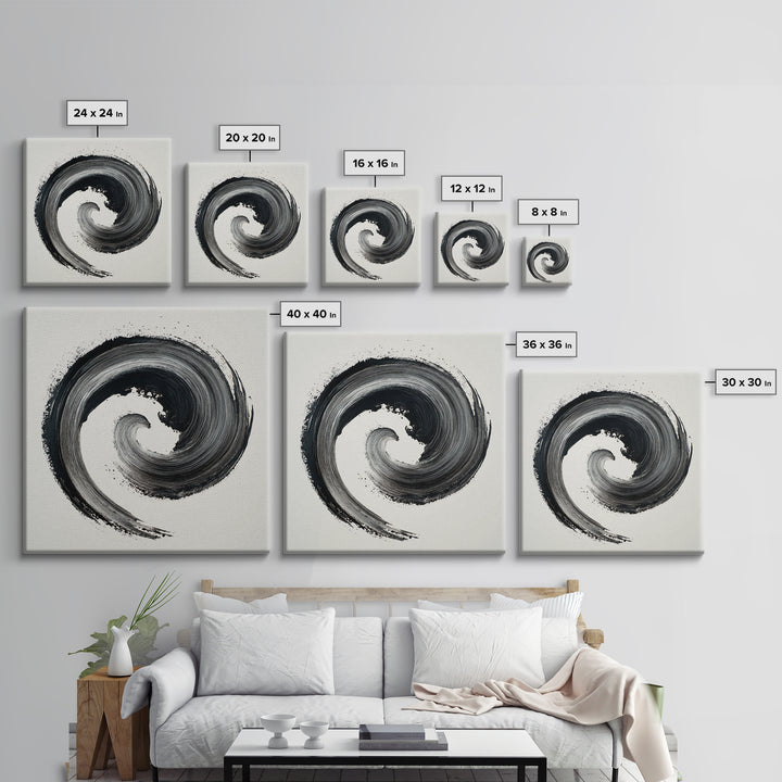 Black And White Abstract Spiral Brushstroke Wall Art, Minimalist Modern Canvas Print For Contemporary Home Decor