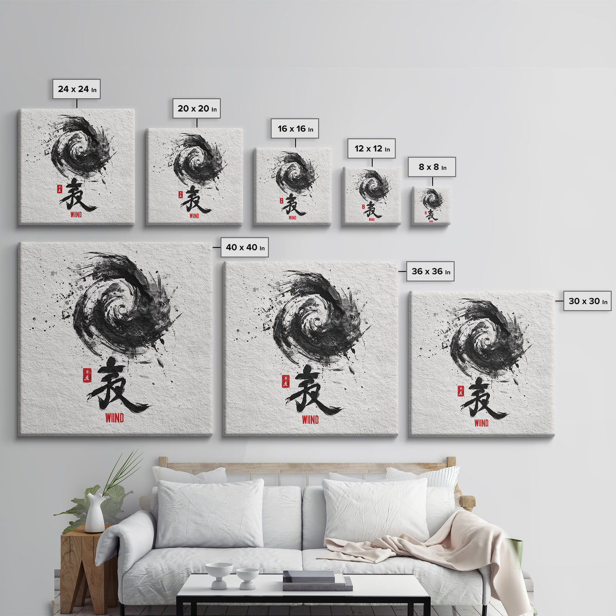 Japanese Ink Wind Symbol Wall Art, Black And White Zen Calligraphy Canvas Print, Minimalist Japanese Wall Decor, Zen Home