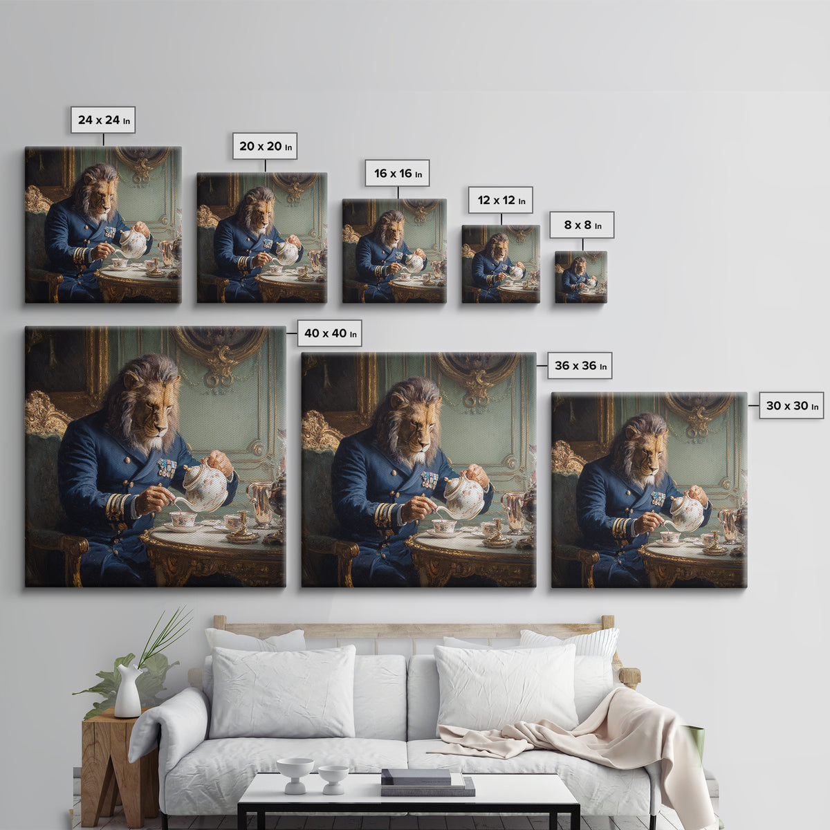 Lion Admiral Pouring Tea Wall Art, Whimsical Animal Portrait, Royal Navy Home Decor, Maximalist Canvas, Unique Gift For Him
