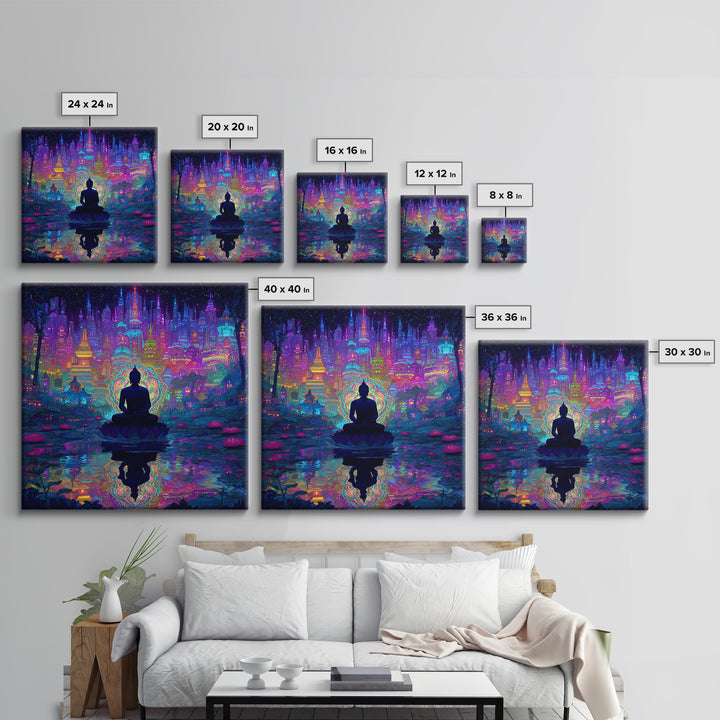 Neon Buddha Cityscape Meditation Wall Art, Spiritual Cyberpunk Canvas Print, Colorful Zen Meditation Room Decor