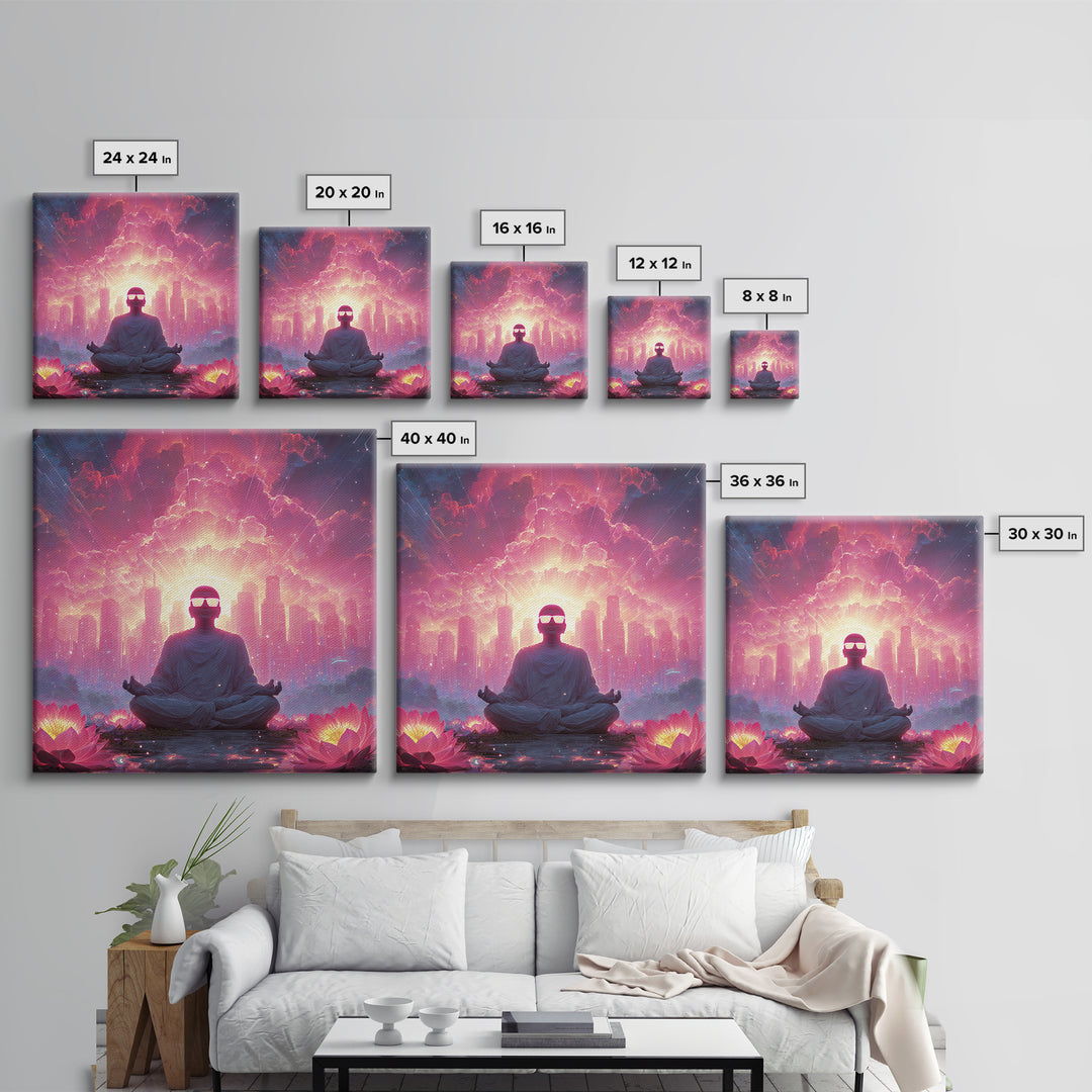 Neon Buddha Cityscape Meditation Wall Art, Psychedelic Lotus Sunset Canvas Print, Futuristic Spiritual Decor For Modern Living Room