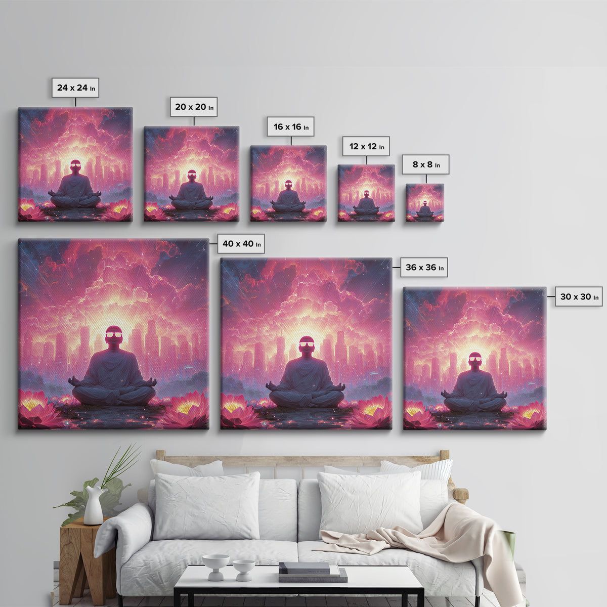 Neon Buddha Cityscape Meditation Wall Art, Psychedelic Lotus Sunset Canvas Print, Futuristic Spiritual Decor For Modern Living Room