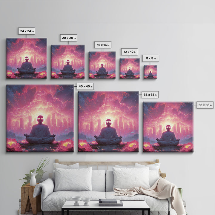 Neon Buddha Cityscape Meditation Wall Art, Psychedelic Lotus Sunset Canvas Print, Futuristic Spiritual Decor For Modern Living Room