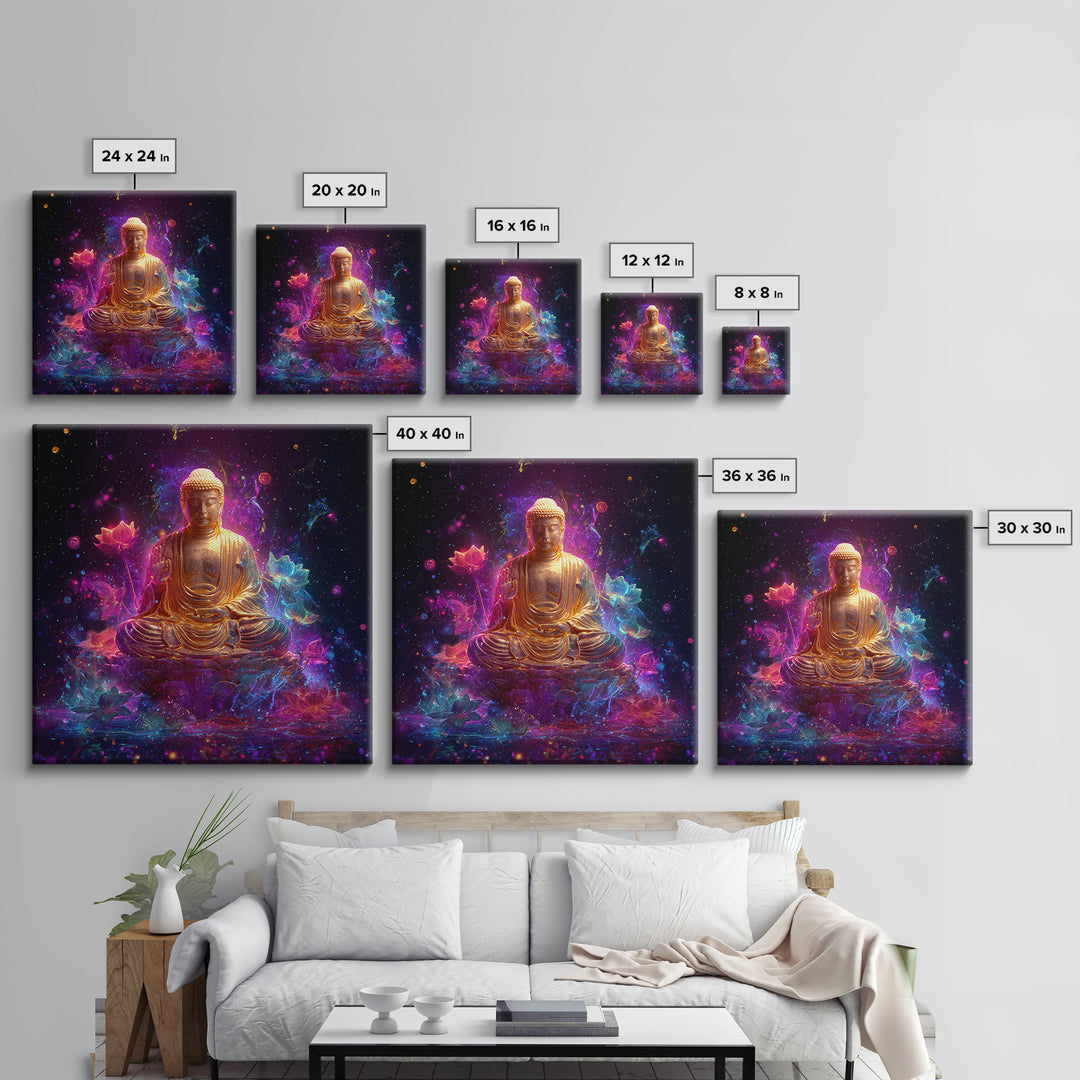 Golden Buddha In Cosmic Lotus Galaxy Wall Art, Celestial Spiritual Decor, Meditation Zen Art Print For Modern Home Decor