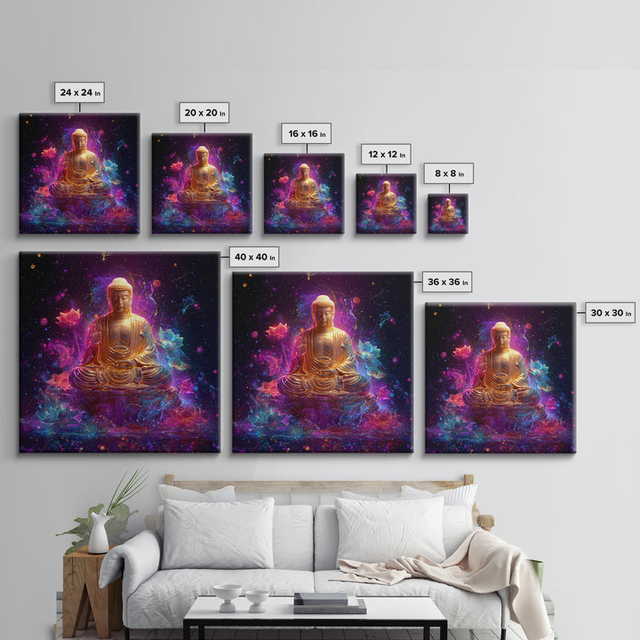 Golden Buddha In Cosmic Lotus Galaxy Wall Art, Celestial Spiritual Decor, Meditation Zen Art Print For Modern Home Decor