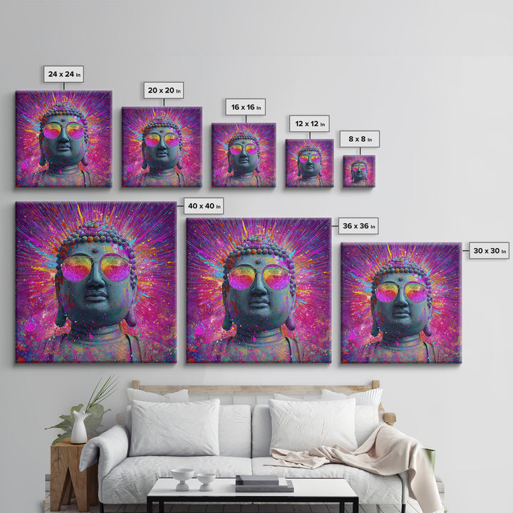 Psychedelic Buddha With Sunglasses Colorful Pop Spiritual Wall Art Canvas Print Meditation Room Decor Trippy Wall Art