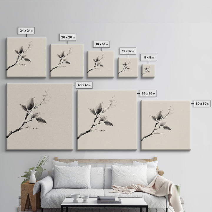 Minimal Ink Botanical Branch Wall Art, Neutral Japandi Nature Print, Calm Wabi Sabi Style Above Bed Framed Canvas Print