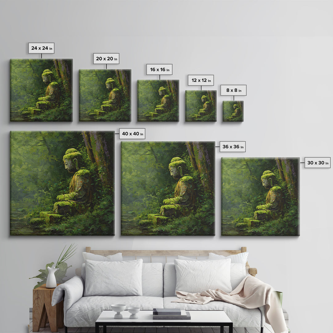 Serene Green Moss Covered Buddha Statue Wall Art Oil Painting Canvas Print For Peaceful Zen Home Decor And Meditation Room Wall