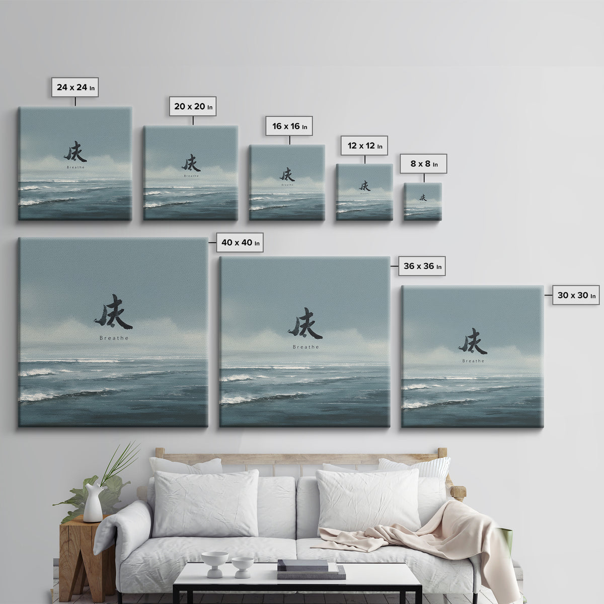 Calming Ocean Horizon With Breathe Text Wall Art, Minimal Coastal Landscape Print, Zen Living Room Decor Canvas Print