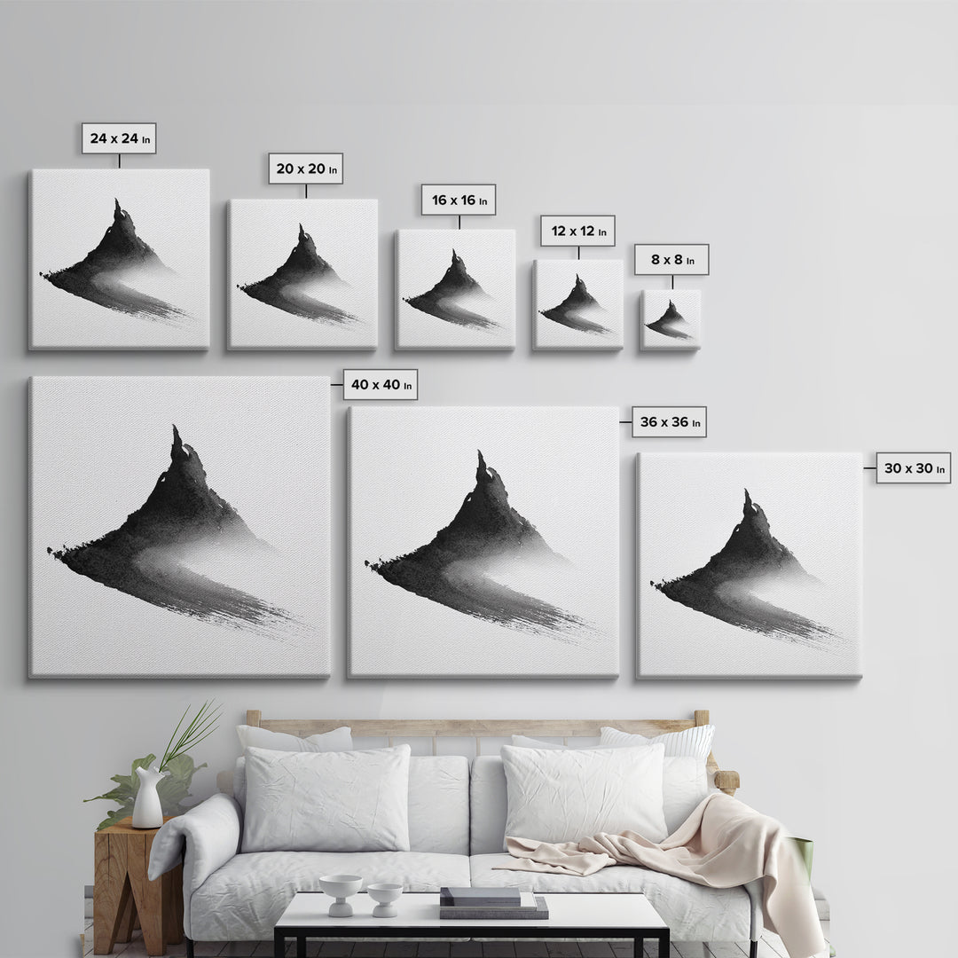 Minimalist Ink Mountain Brushstroke Wall Art, Black And White Abstract Canvas Print For Japandi Modern Home Decor