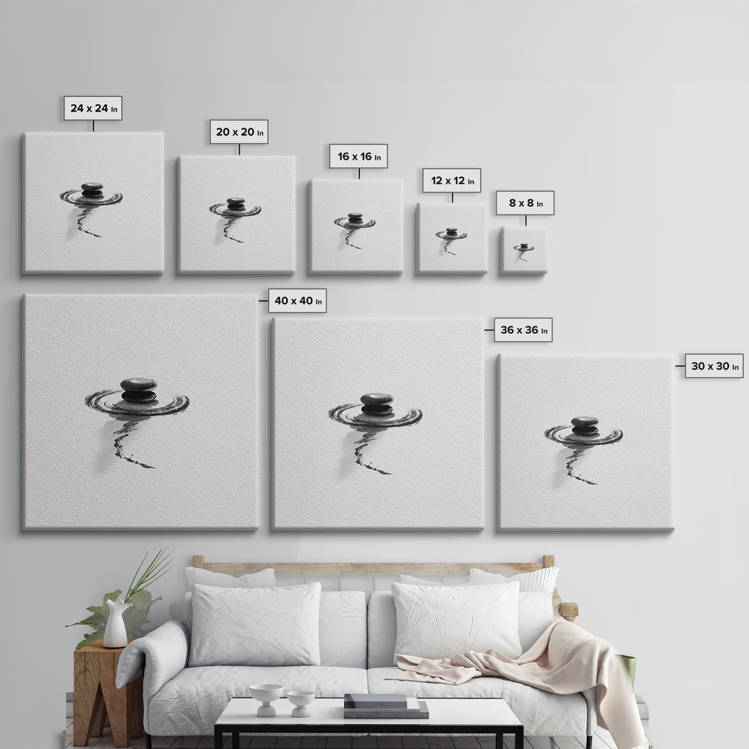 Minimalist Zen Stones Water Ripple Framed Canvas Print Black And White Wall Art Calming Bathroom Decor Modern Spa Wall Art