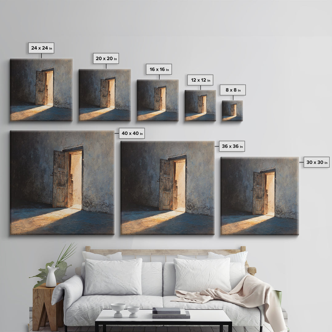 Sunlit Open Door Textured Wall Art Framed Canvas Print, Minimalist Rustic Decor, Moody Wall Art For Entryway Or Living Room