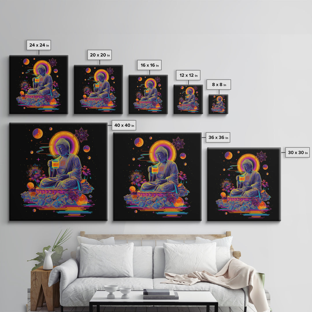 Colorful Neon Buddha With Celestial Elements Wall Art Canvas Print Spiritual Modern Home Decor Gift