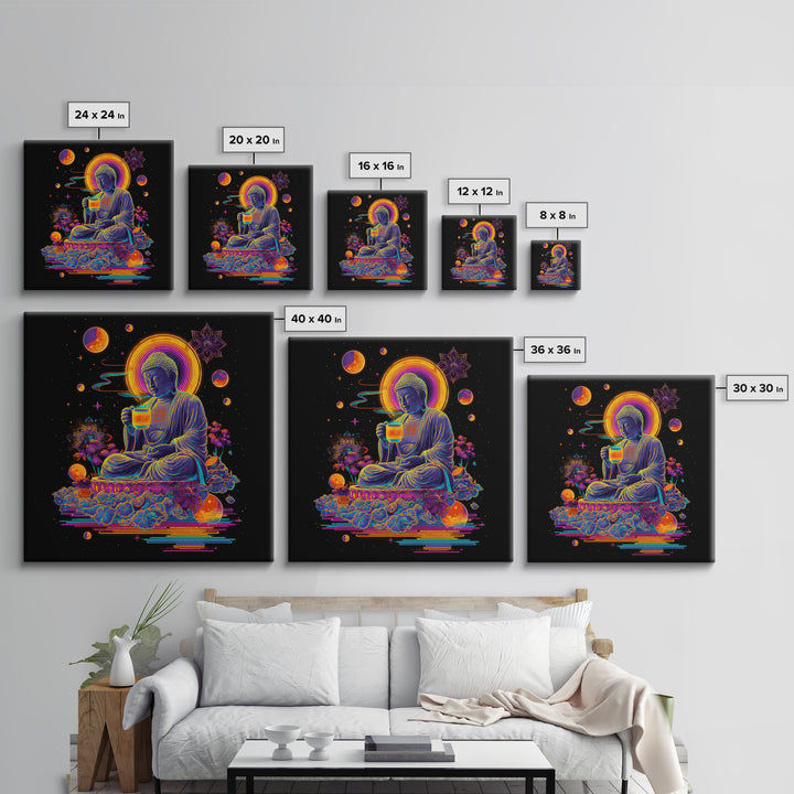 Colorful Neon Buddha With Celestial Elements Wall Art Canvas Print Spiritual Modern Home Decor Gift