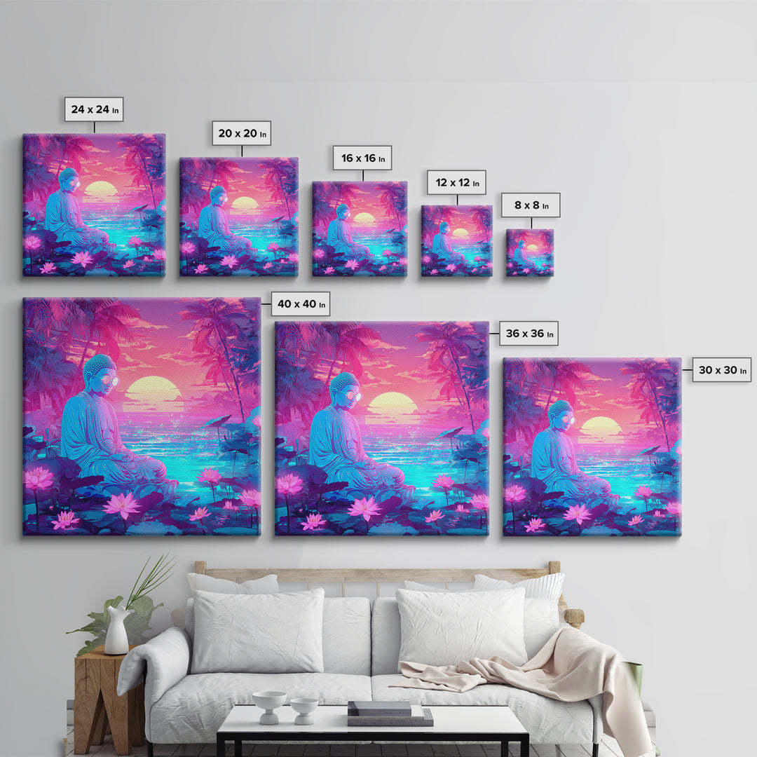 Neon Buddha Meditating By Futuristic Ocean Sunset Wall Art, Psychedelic Zen Lotus Canvas Print