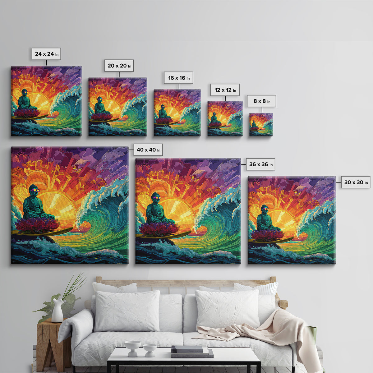 Psychedelic Surfing Buddha In Neon Sunset Waves Wall Art, Trippy Spiritual Canvas Print, Modern Boho Home Decor