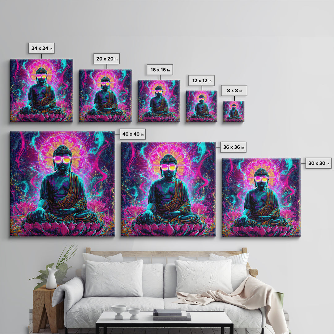 Neon Psychedelic Buddha Sitting On Lotus Flower Spiritual Wall Art Canvas Print Bright Vibrant Home Decor