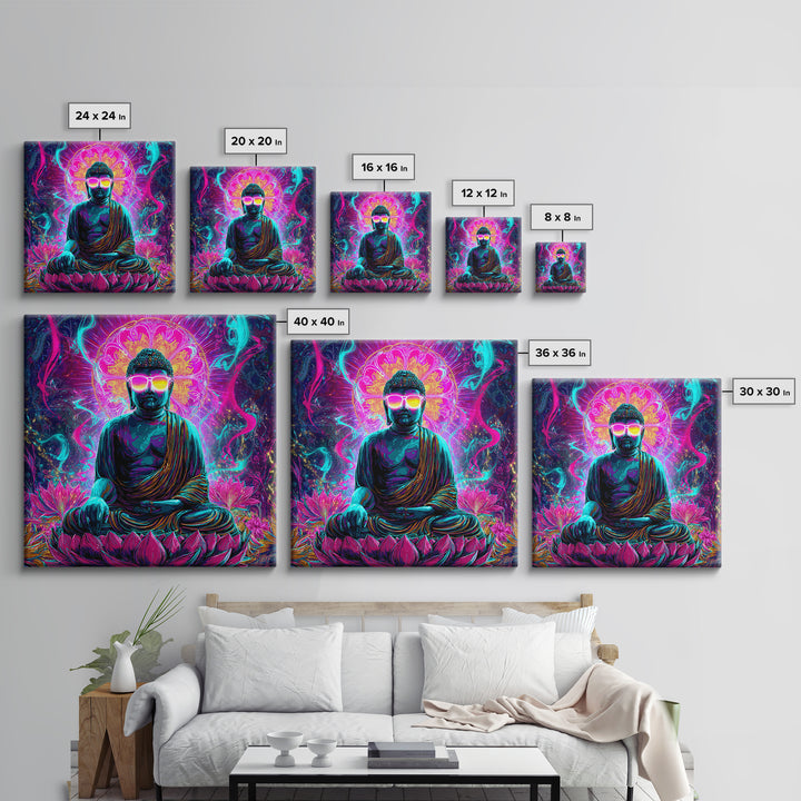 Neon Psychedelic Buddha Sitting On Lotus Flower Spiritual Wall Art Canvas Print Bright Vibrant Home Decor