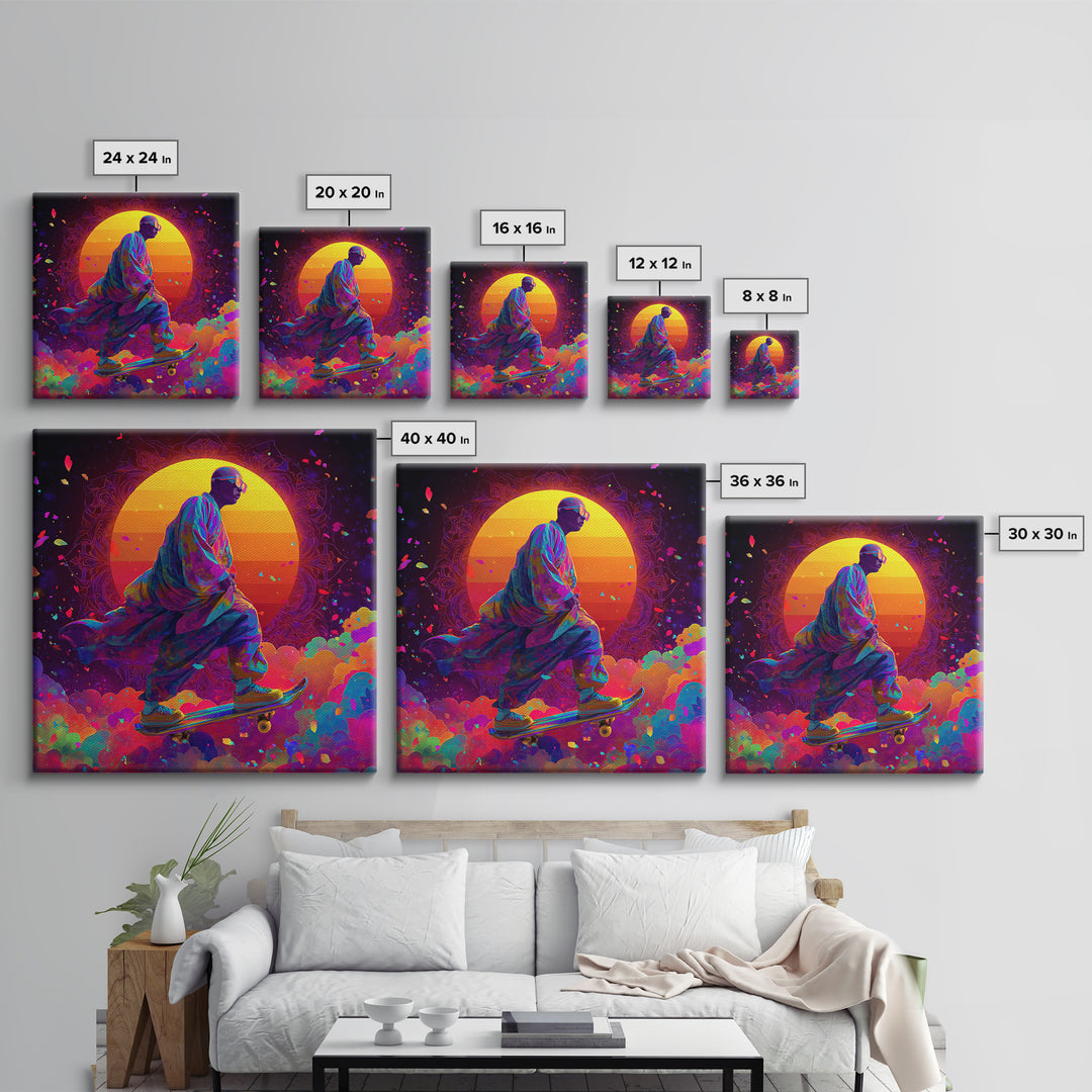 Psychedelic Skater Monk Wall Art Canvas Print, Colorful Abstract Art, Trippy Room Decor, Gaming Room Art, Trendy Wall Art