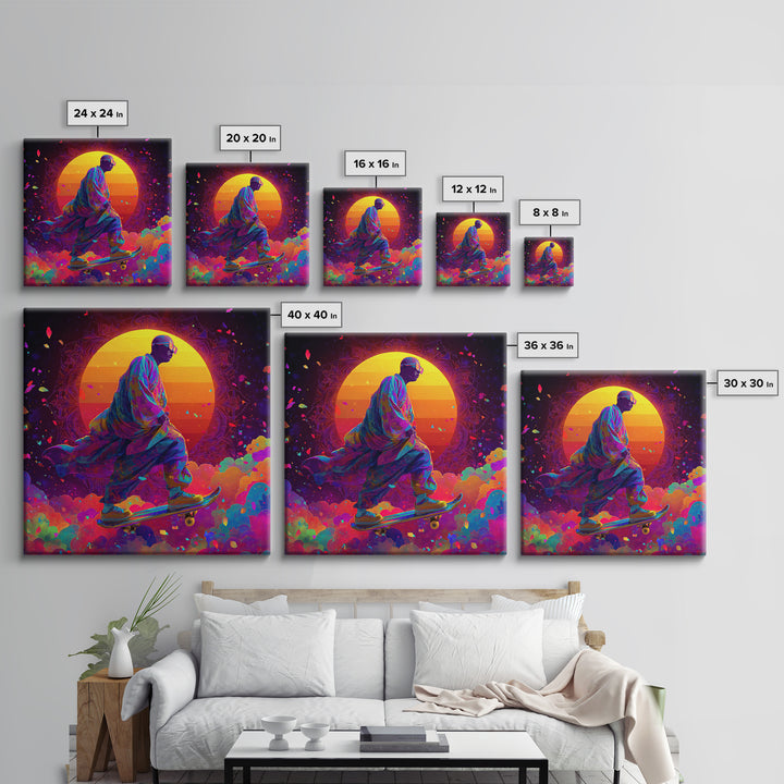 Psychedelic Skater Monk Wall Art Canvas Print, Colorful Abstract Art, Trippy Room Decor, Gaming Room Art, Trendy Wall Art
