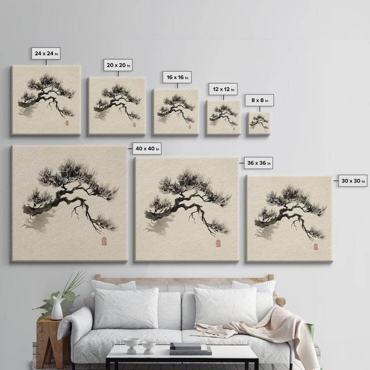 Japanese Ink Pine Tree Wall Art, Minimal Sumi E Landscape Framed Canvas Print, Wabi Sabi Zen Decor For Calm Modern Home Or Office