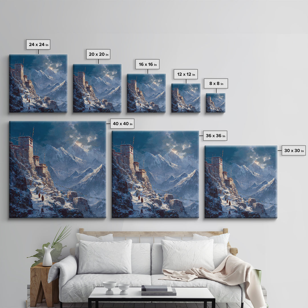 Himalayan Monastery Mountain Snow Wall Art, Dramatic Winter Landscape Canvas Print, Moody Travel Home Decor
