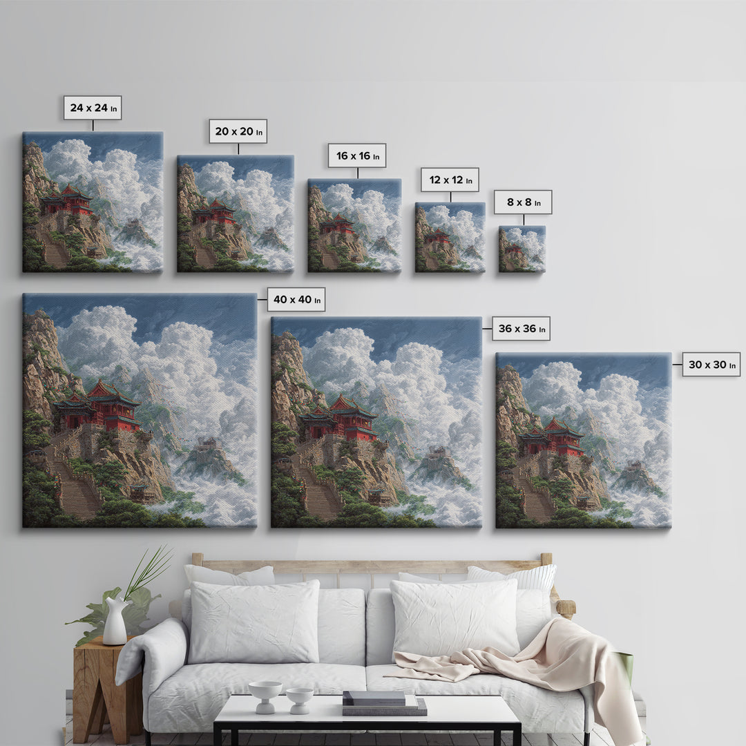 Temple Above The Clouds Fantasy Mountain Landscape Wall Art, Asian Inspired Nature Home Decor, Large Canvas Print