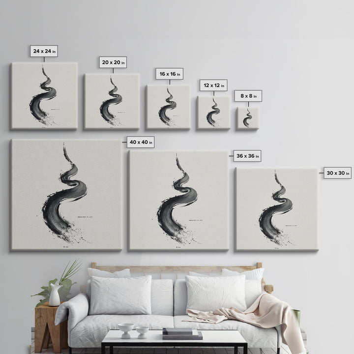 Minimal Black Ink Brushstroke Abstract Wall Art, Modern Zen Line Framed Canvas Print, Monochrome Contemporary Decor