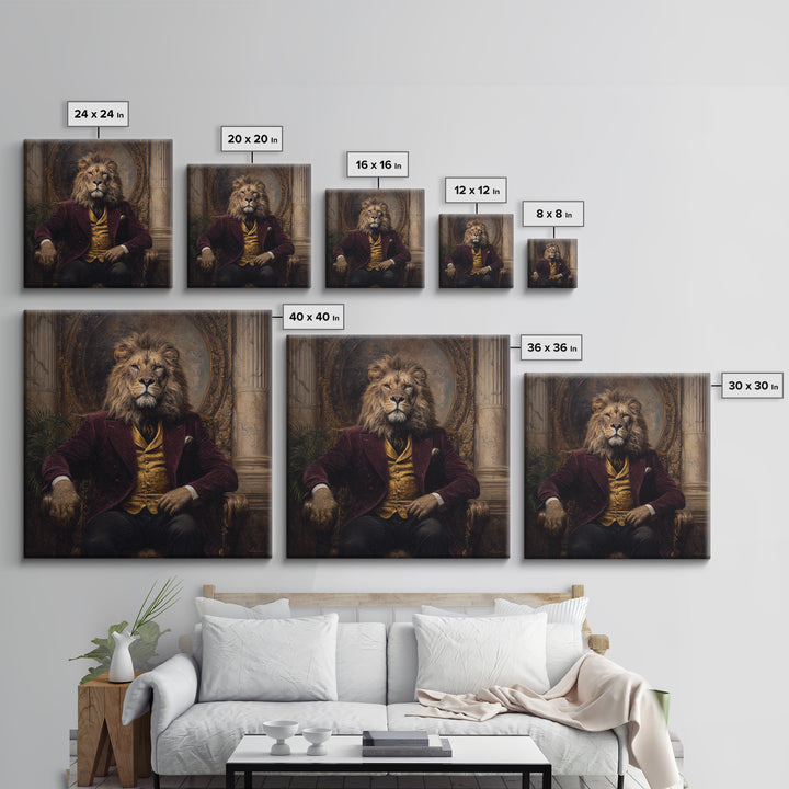 Majestic Lion In Burgundy Suit Framed Canvas Print, Victorian Animal Portrait, Dark Academia Office Decor, Luxury Wall Decor