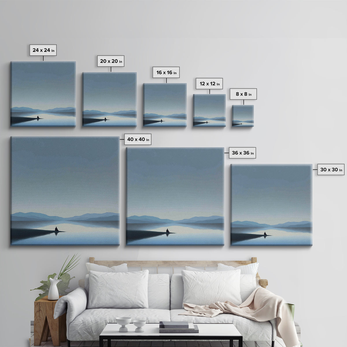 Minimalist Lake Meditation Landscape Wall Art, Calming Blue Mountains Canvas Print, Modern Living Room Decor Artwork