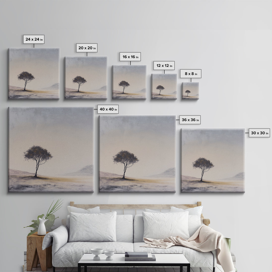 Soft Neutral Lone Tree Landscape Wall Art, Minimal Abstract Beige Canvas Print, Calming Wabi Sabi Earth Tone Decor