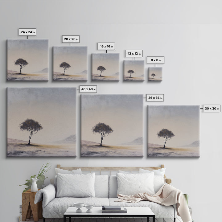 Soft Neutral Lone Tree Landscape Wall Art, Minimal Abstract Beige Canvas Print, Calming Wabi Sabi Earth Tone Decor