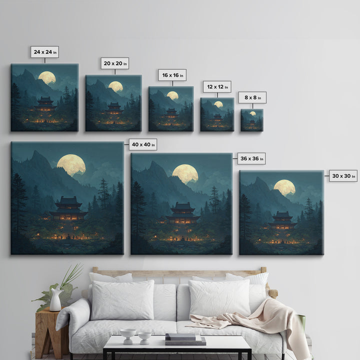 Moonlit Mountain Temple Landscape Wall Art Large Framed Canvas Print For Zen Meditation Room And Mystical Home Decor