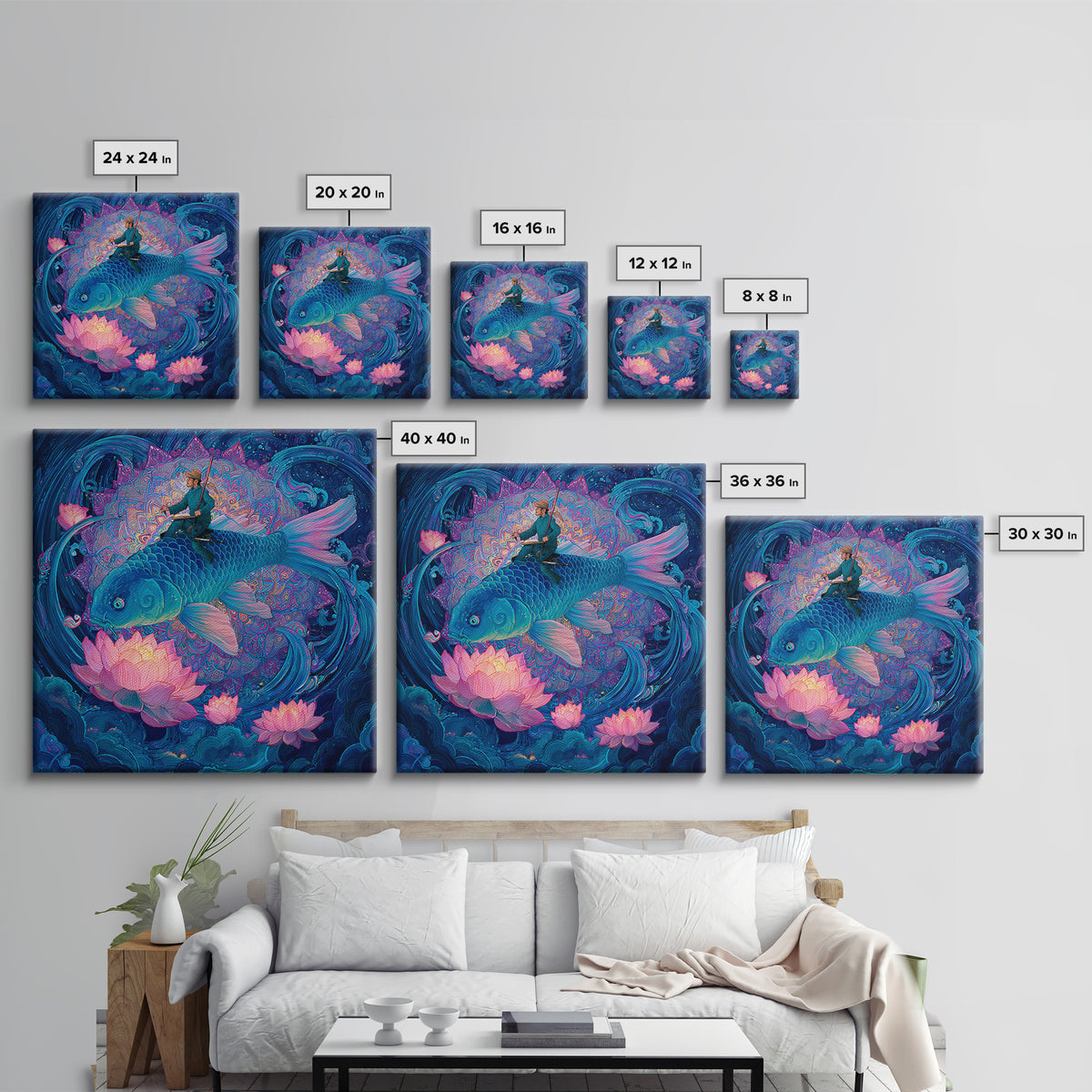 Surreal Fisherman Riding Koi Fantasy Art Wall Art, Celestial Mandala Canvas Print, Mystical Ocean Decor Whimsical Illustration