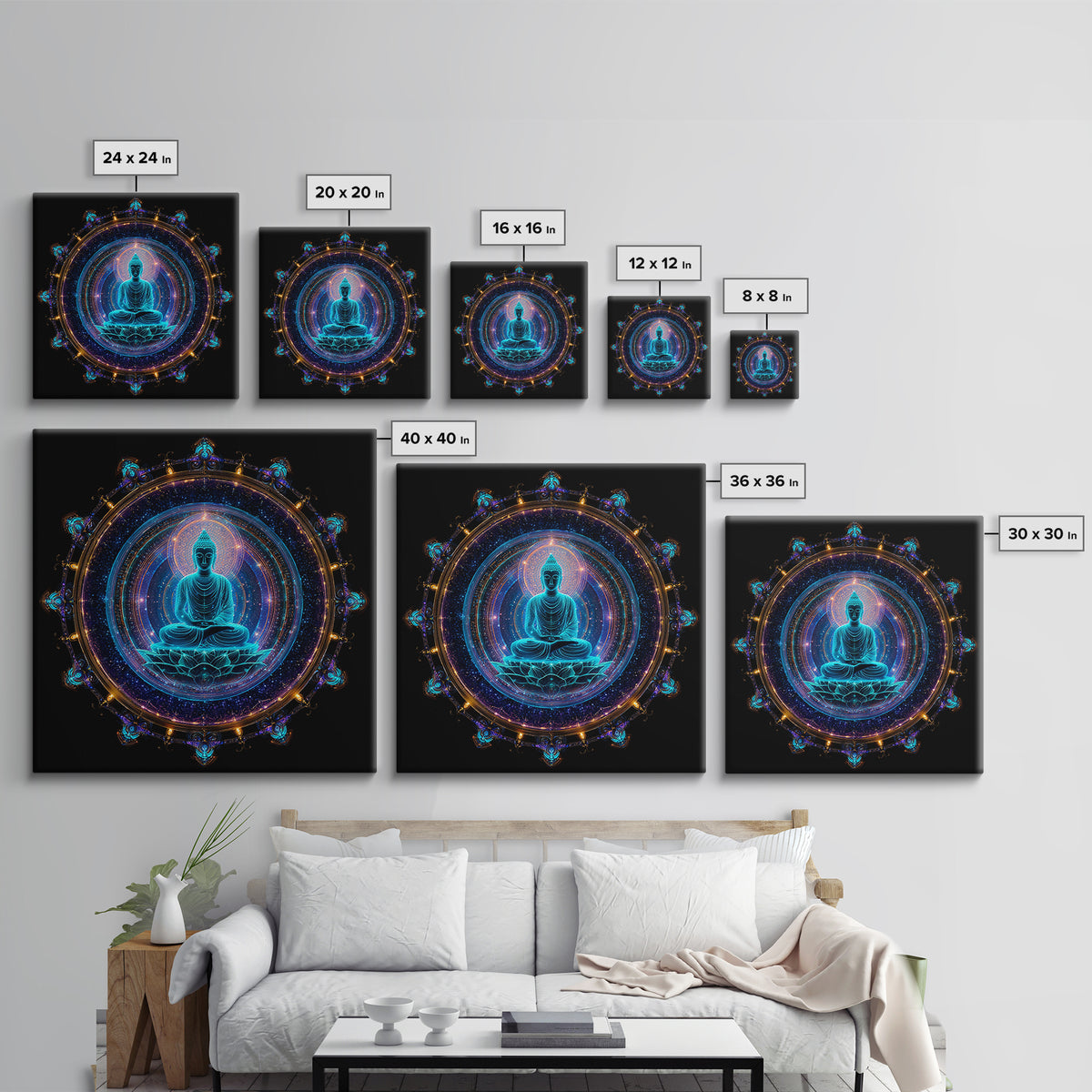 Mystical Neon Blue Buddha Mandala Spiritual Meditation Wall Art Canvas Print Yoga Room Decor