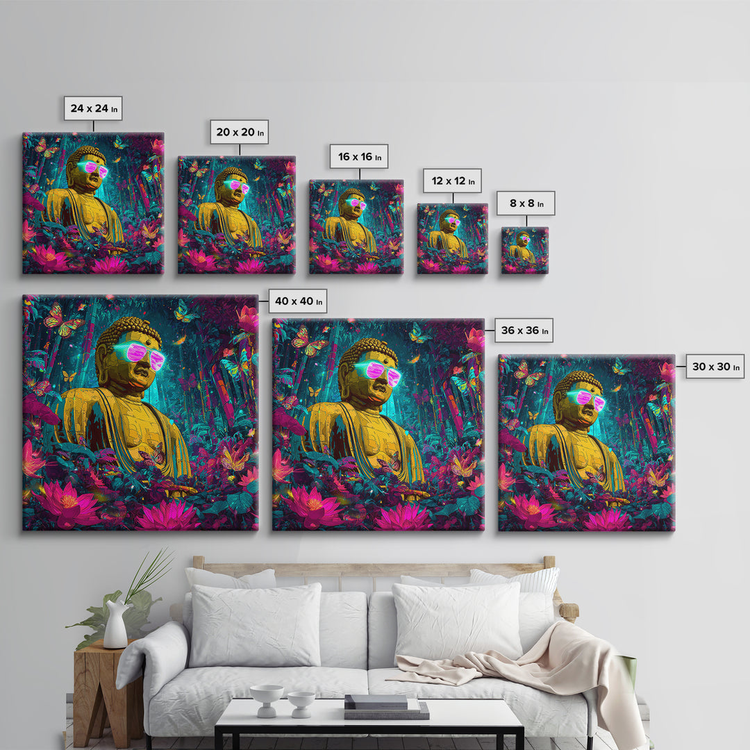 Neon Jungle Buddha With Butterflies Wall Art, Psychedelic Spiritual Canvas Print, Colorful Boho Home Decor