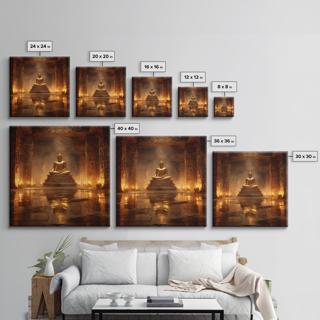 Golden Buddha Temple Wall Art, Serene Zen Statue Framed Canvas Print, Meditation Room Decor, Spiritual Asian Inspired Home Decor