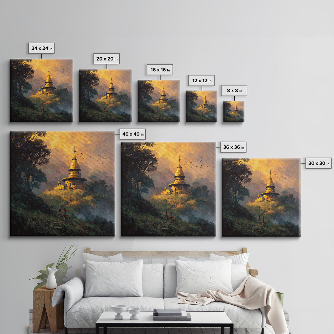 Golden Temple On Hill With Monks Walking Misty Path Wall Art Framed Canvas Print For Spiritual Home Decor