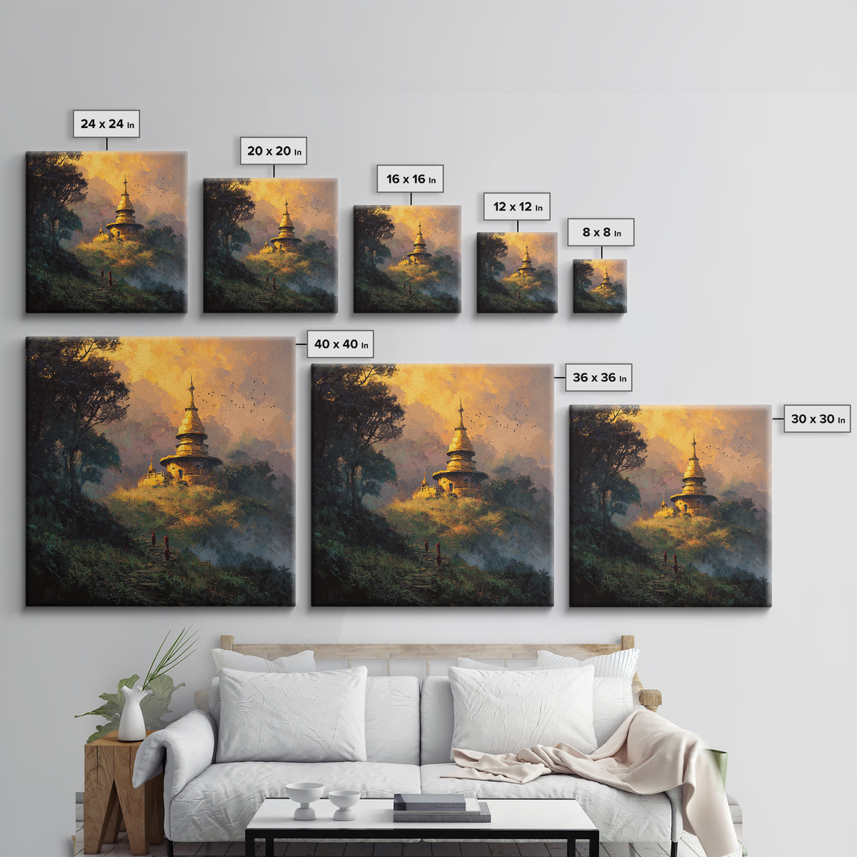 Golden Temple On Hill With Monks Walking Misty Path Wall Art Framed Canvas Print For Spiritual Home Decor