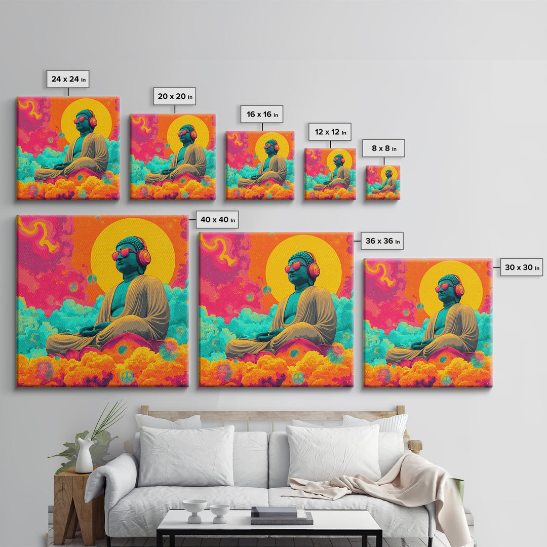 Psychedelic Buddha With Headphones Wall Art Canvas Print Colorful Spiritual Zen Decor Meditation Art
